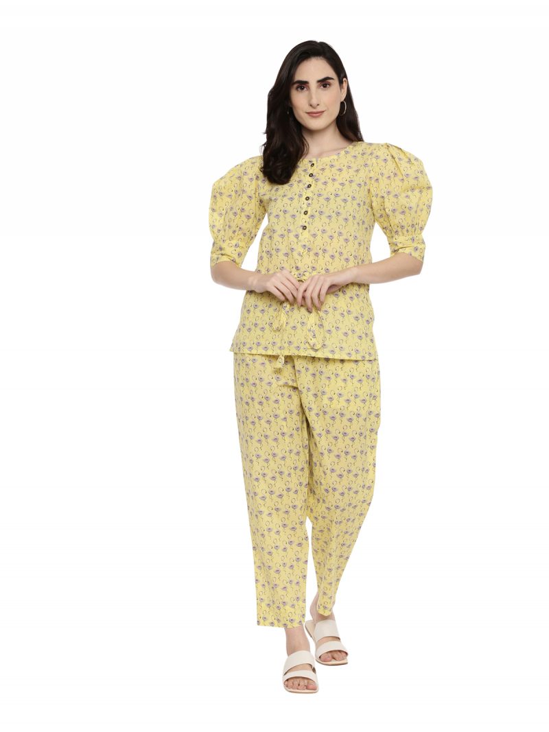 Pavisa Women's Cotton Printed Puff Sleeve yellow Nightsuit Set