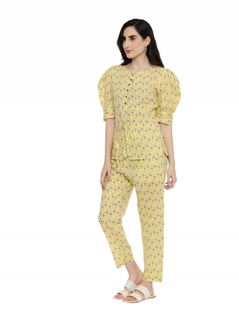 Pavisa Women's Cotton Printed Puff Sleeve yellow Nightsuit Set - Image 2