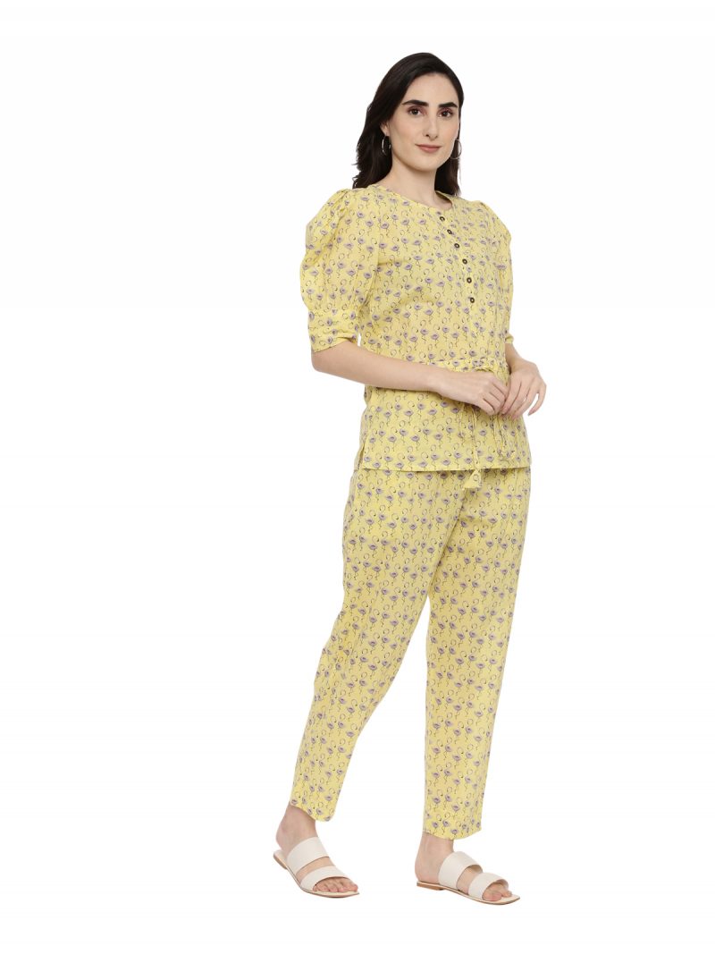 Pavisa Women's Cotton Printed Puff Sleeve yellow Nightsuit Set - Image 4