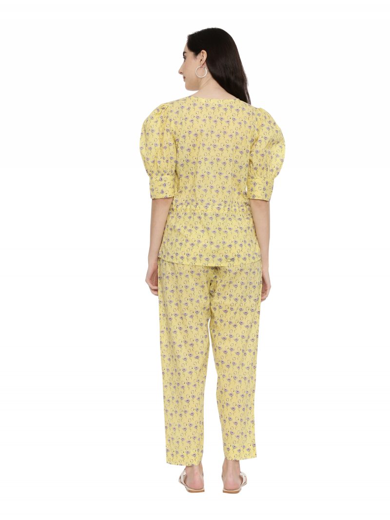 Pavisa Women's Cotton Printed Puff Sleeve yellow Nightsuit Set - Image 3