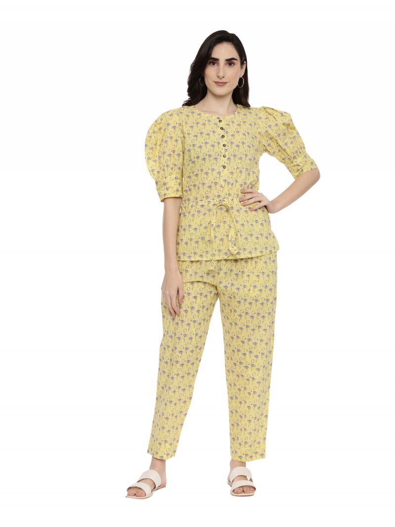 Pavisa Women's Cotton Printed Puff Sleeve yellow Nightsuit Set - Image 6