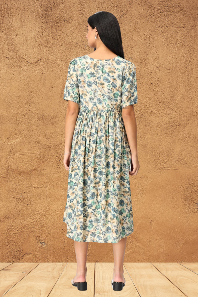 Graceful Blue Floral Viscose Maternity/ Feeding  Dress - Image 5