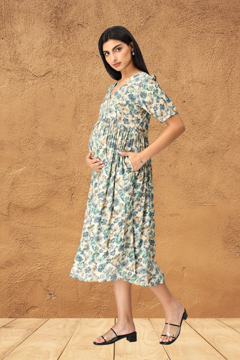 Graceful Blue Floral Viscose Maternity/ Feeding  Dress - Image 7